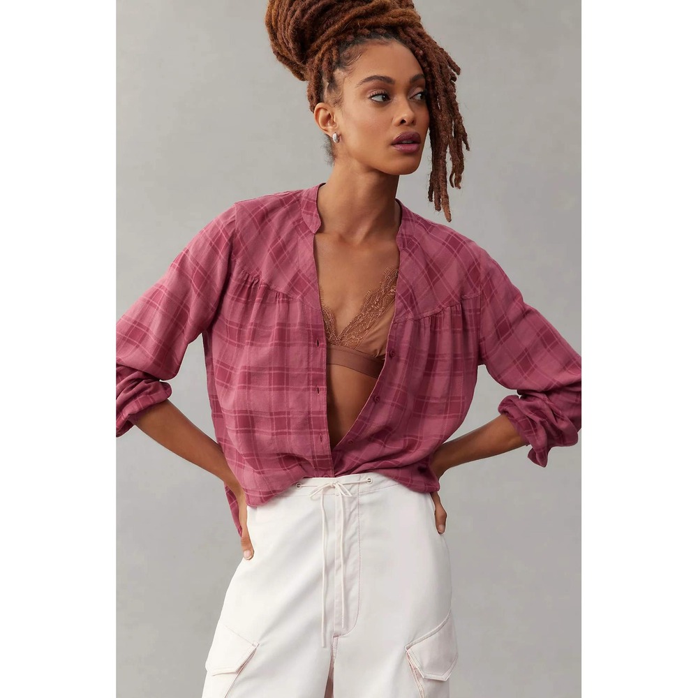 Cloth & Stone Anthropologie Plaid Button Front Blouse XS Boho Long Sleeve